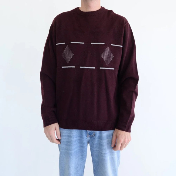 Vintage Arnold Palmer Maroon Fine Knit 30% Wool 3D Argyle  Crew Neck Sweater L - Picture 1 of 10
